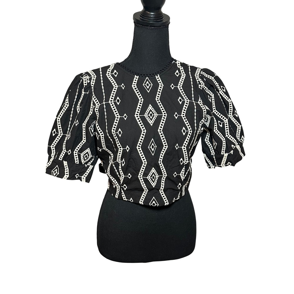 Suncoo Paris Lalie Blouse Black White Embroidered Open Back Tie Crop Top